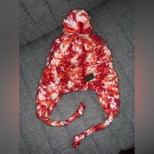 CHAOS Red‎ orange and white winter hat with tassels o/s